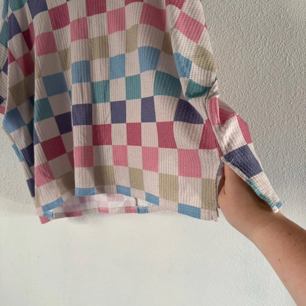 Cozycore Hopely Pastel Checkerboard Waffle Knit Oversized Top Large Cottagecore - Picture 6 of 12